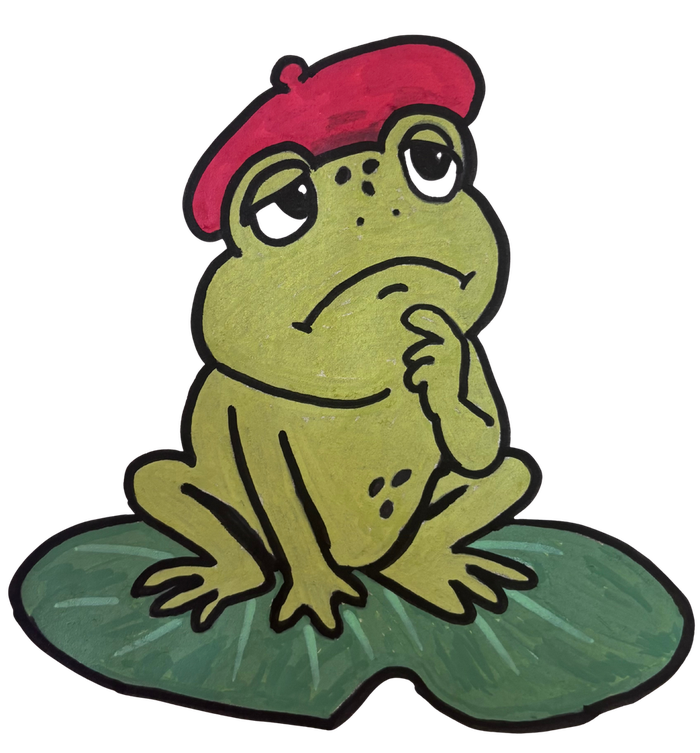 Illustration of Horace the Frog wearing a red beret, sitting on a lily pad